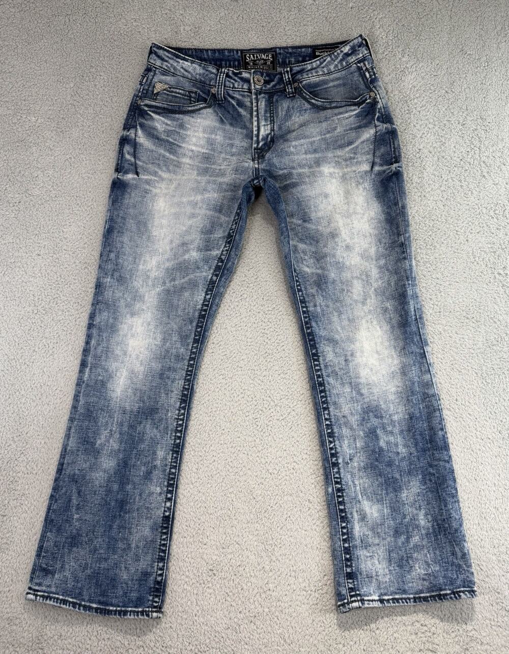 Salvage Jeans Mens 32R(33x31) Blue Mayhem Regular Bootcut Buckle Denim Jean